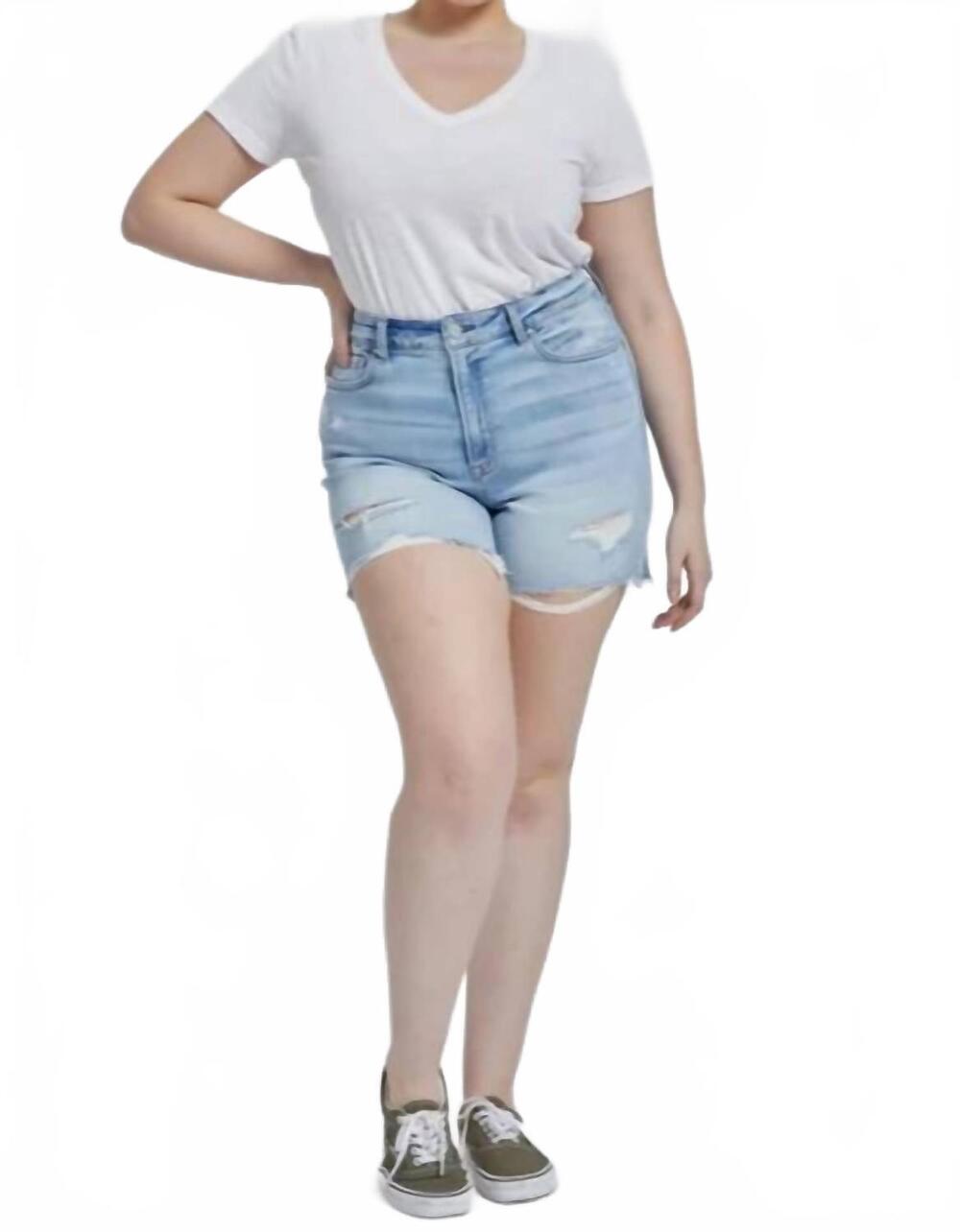 NEW MICA DENIM sophie distressed high rise shorts in light blue